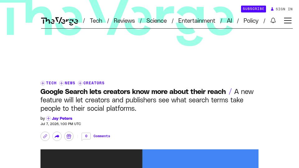 Screenshot of theverge.com: Google Search lets creators know more about their reach