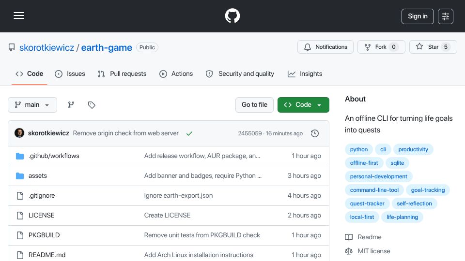 Screenshot of github.com: Show HN: Earth Game – An offline CLI for turning life goals into quests