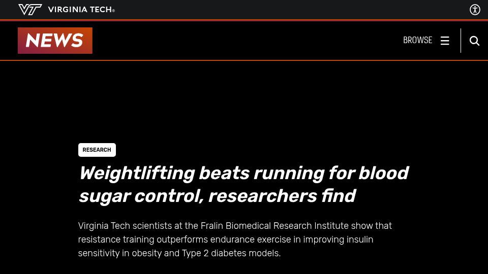 Screenshot of news.vt.edu: Weightlifting beats running for blood sugar control, researchers find (2025)