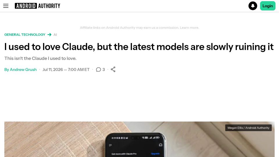 Screenshot of androidauthority.com: I used to love Claude, but the latest models are slowly ruining it