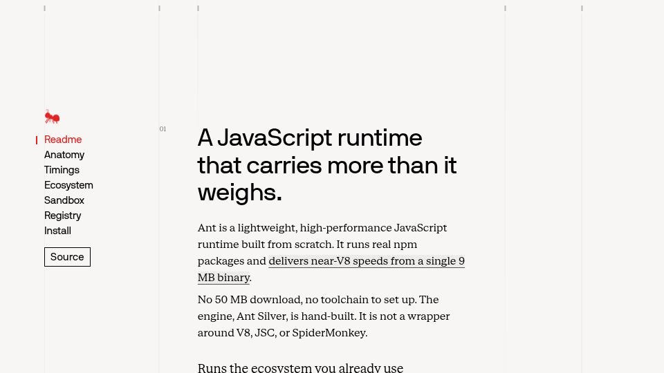 Screenshot of antjs.org: Show HN: Ant – A JavaScript runtime and ecosystem