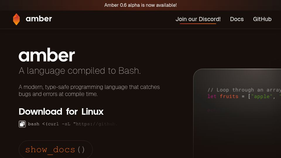 Screenshot of amber-lang.com: Amber the programming language compiled to Bash/Ksh/Zsh