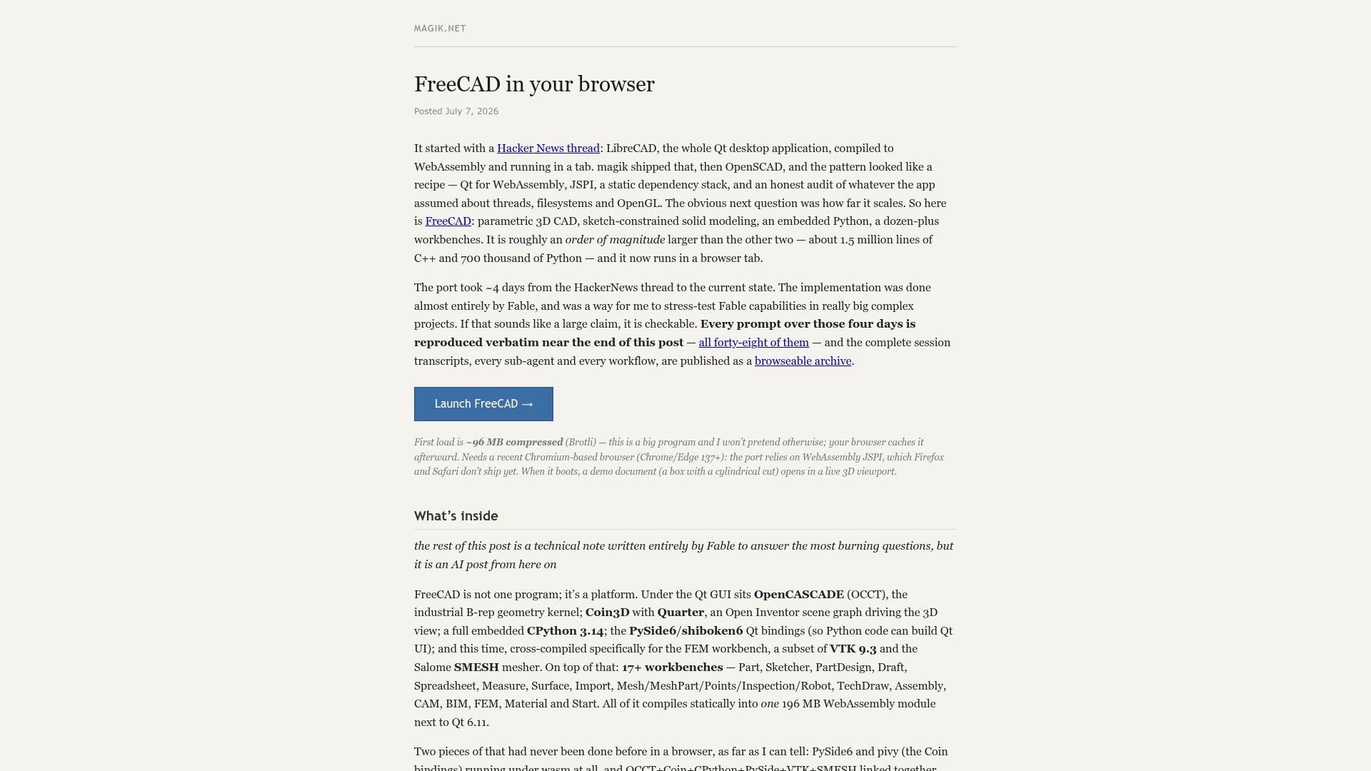 Screenshot of magik.net: FreeCAD in the Browser