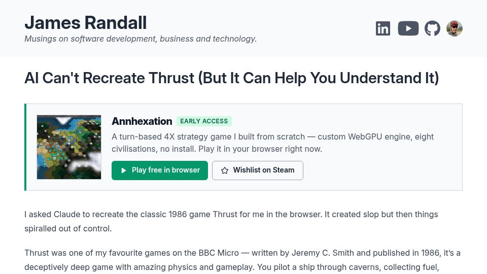 Screenshot of jamesdrandall.com: AI Can't Recreate the Thrust Game (But It Can Help You Understand It)