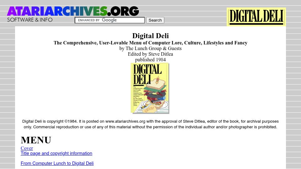 Screenshot of atariarchives.org: Digital Deli, 1984 book by early PC hackers and enthusiasts