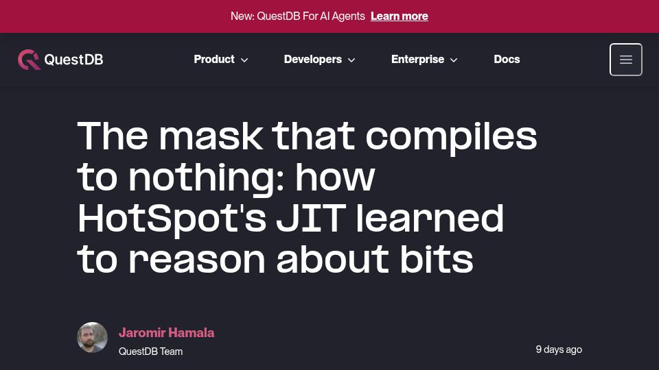 Screenshot of questdb.com: The mask that compiles to nothing: how HotSpots JIT learned to reason about bits