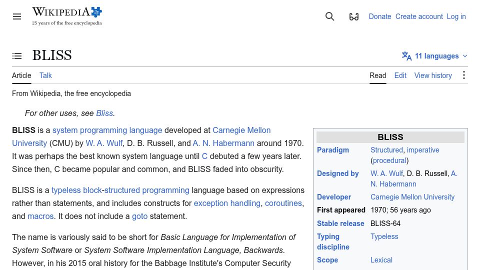 Screenshot of en.wikipedia.org: BLISS