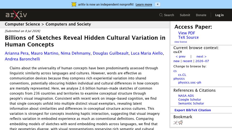 Screenshot of arxiv.org: Billions of Sketches Reveal Hidden Cultural Variation in Human Concepts