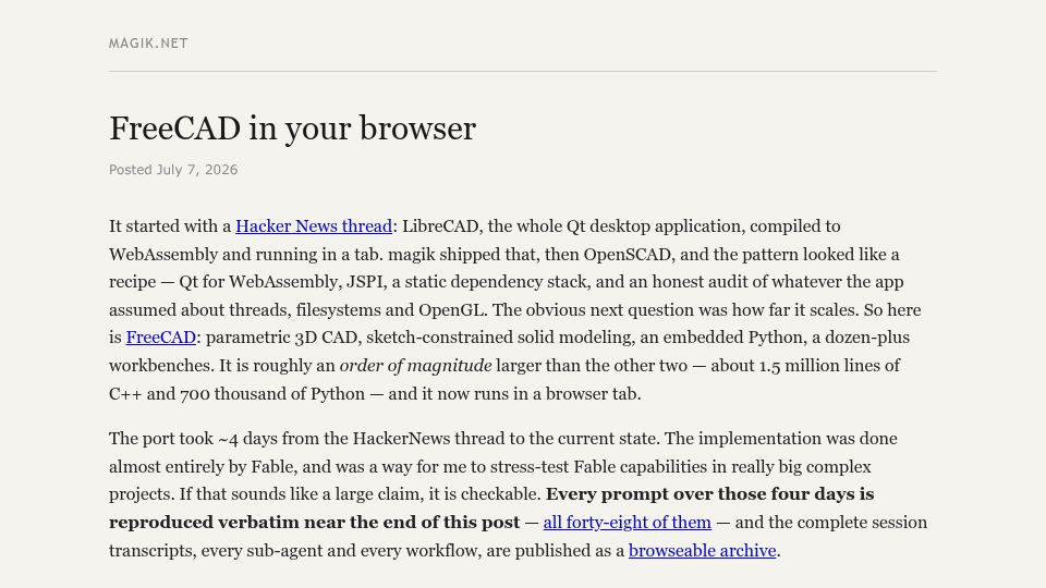 Screenshot of magik.net: FreeCAD in the Browser