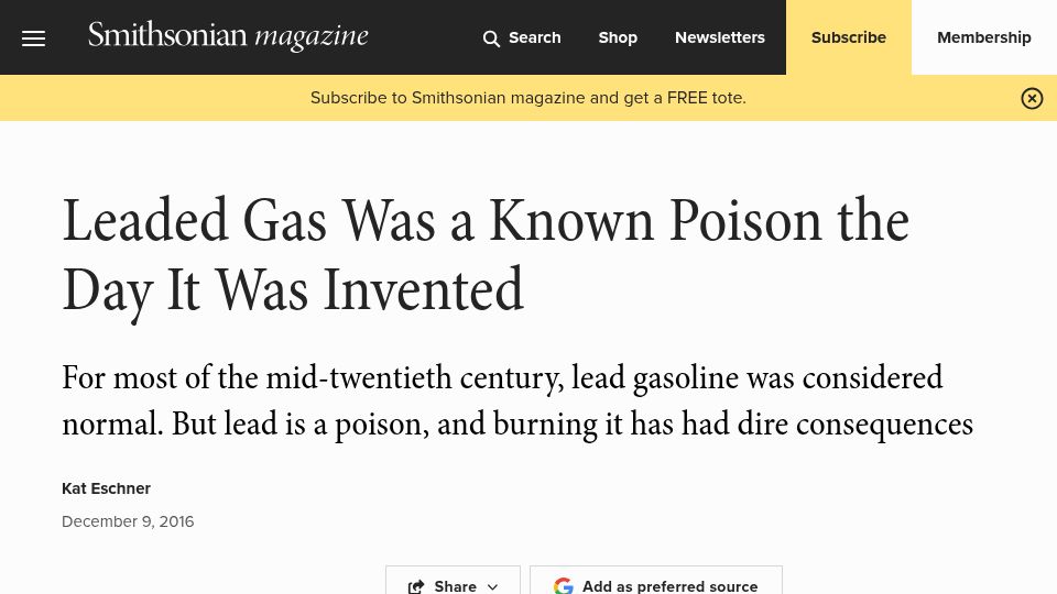 Screenshot of smithsonianmag.com: Leaded gas was a known poison the day it was invented (2016)