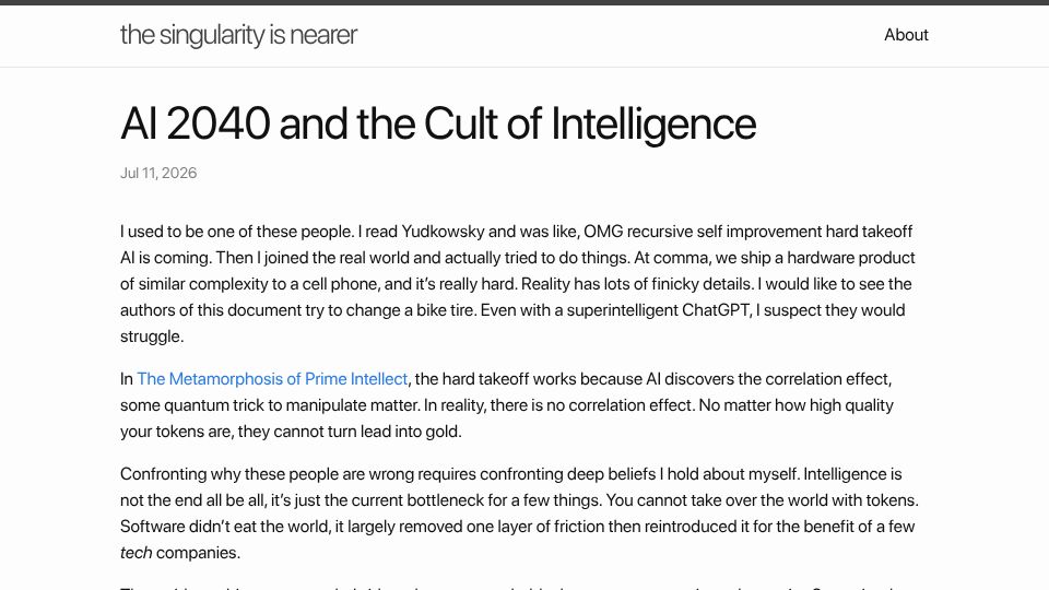 Screenshot of geohot.github.io: AI 2040 and the cult of intelligence