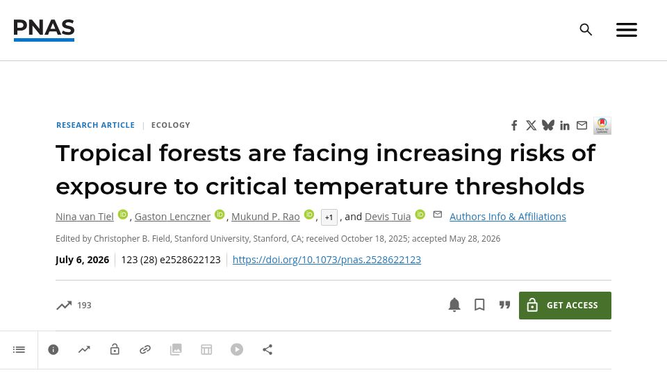 Screenshot of pnas.org: Tropical forests facing increasing risks of exposure to critical temp thresholds