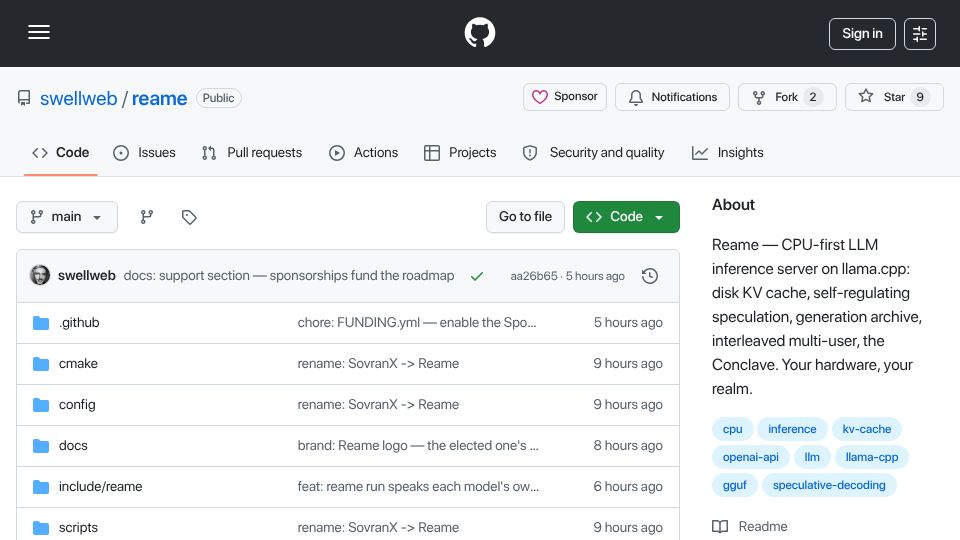 Screenshot of github.com: Show HN: Reame – a CPU inference server that gets faster as it runs