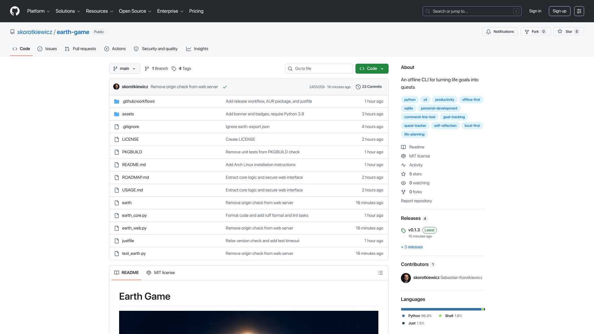 Screenshot of github.com: Show HN: Earth Game – An offline CLI for turning life goals into quests