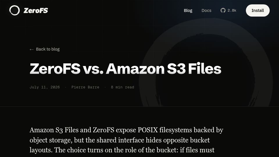 Screenshot of zerofs.net: ZeroFS vs. Amazon S3 Files