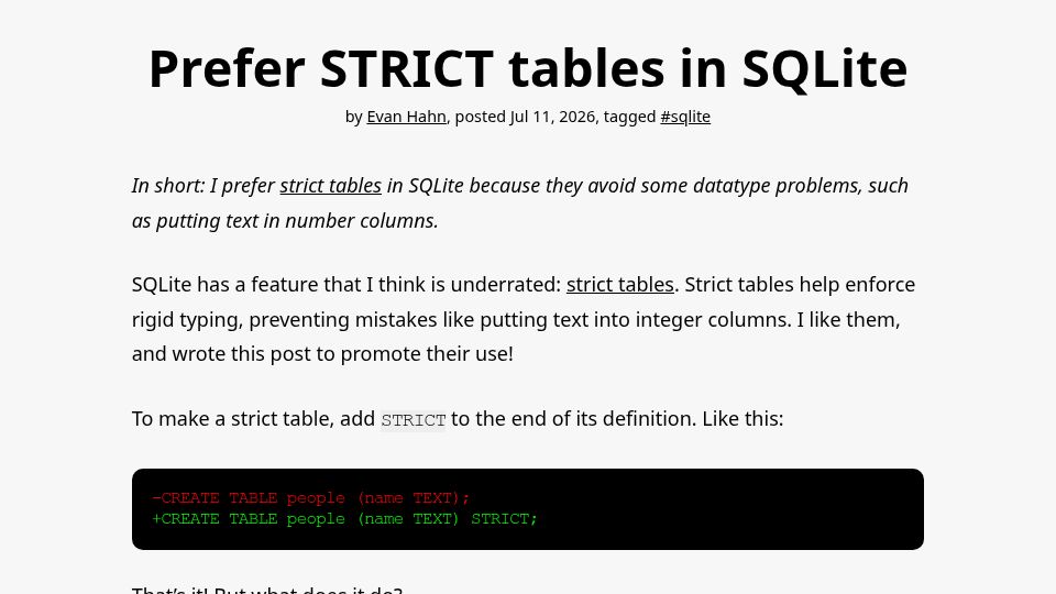Screenshot of evanhahn.com: Prefer strict tables in SQLite