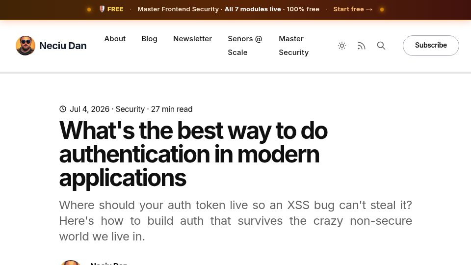 Screenshot of neciudan.dev: What's the best way to do authentication in modern applications