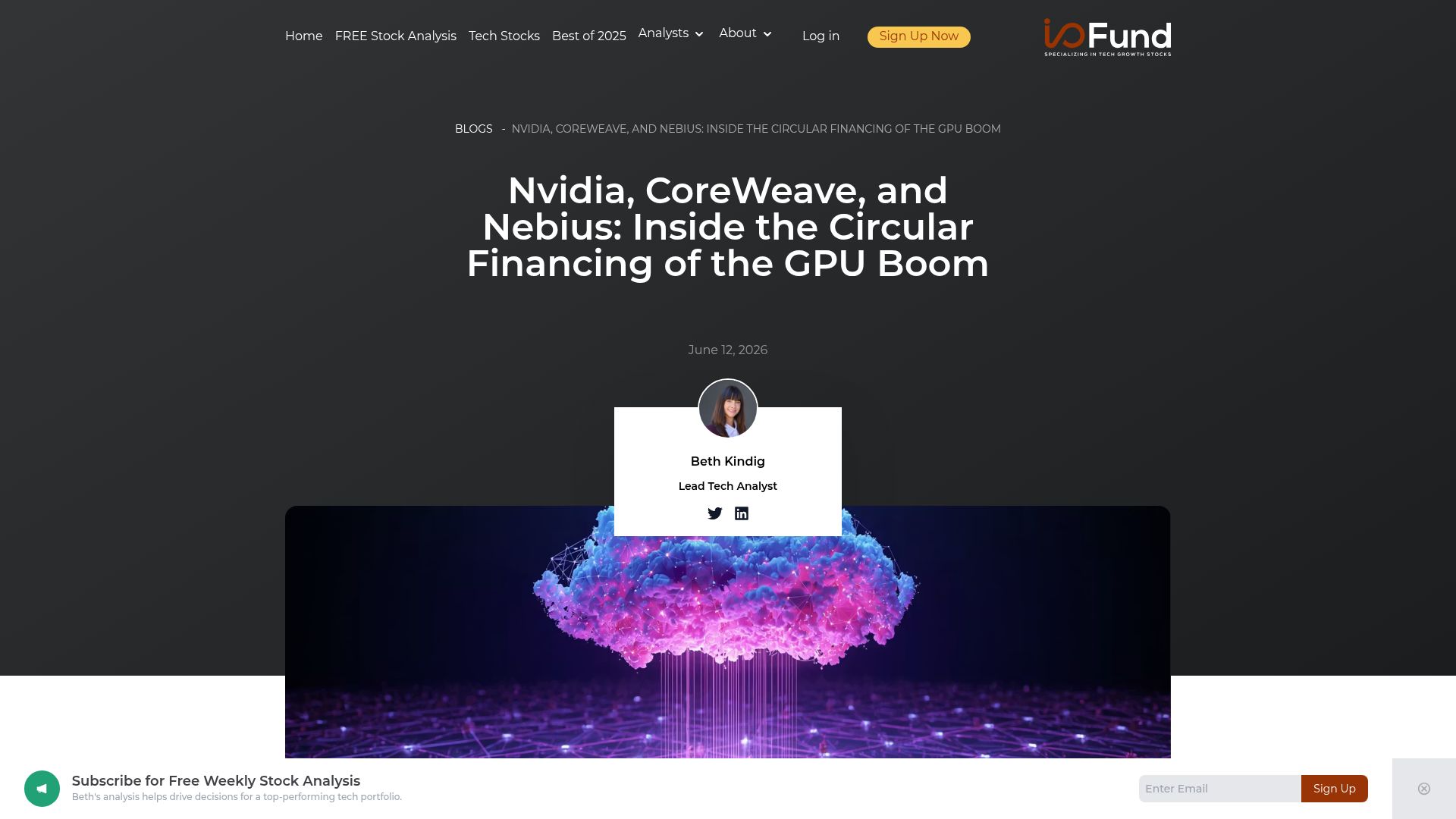 Screenshot of io-fund.com: Nvidia, CoreWeave, and Nebius: Inside the Circular Financing of the GPU Boom