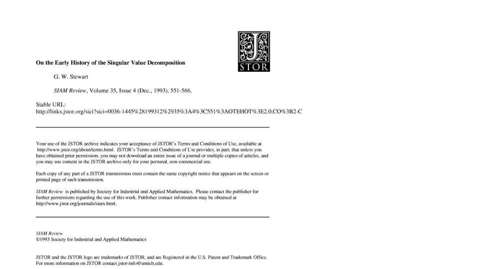 Screenshot of math.ucdavis.edu: The early History of the Singular Value Decomposition (1993) [pdf]
