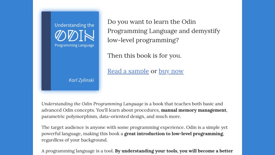 Screenshot of odinbook.com: Understanding the Odin programming language