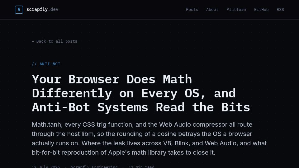Screenshot of scrapfly.dev: Since Chromium 148, Math.tanh is now fingerprintable to link underlying OS