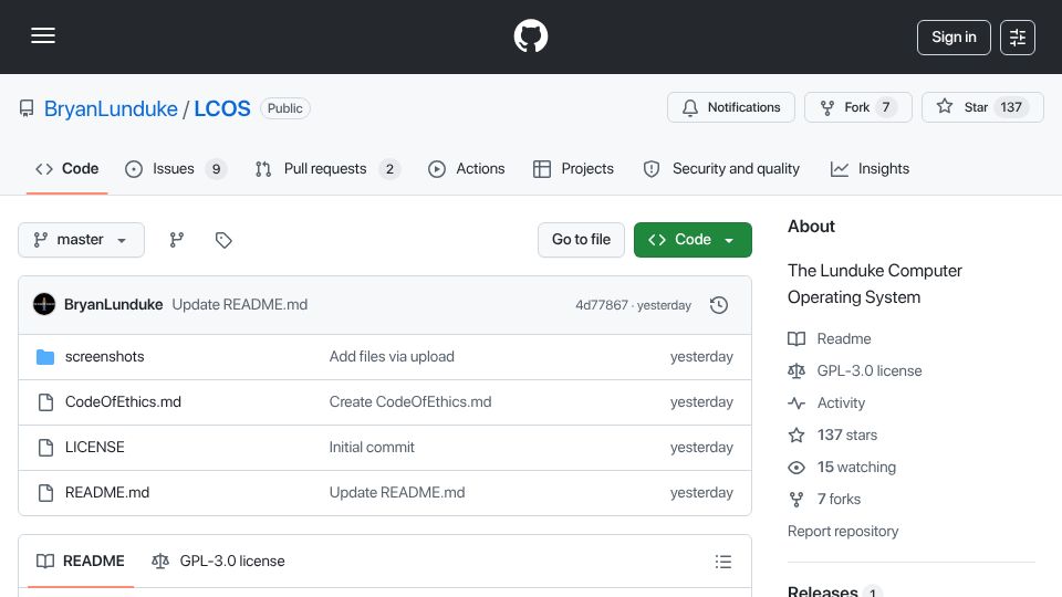 Screenshot of github.com: The Lunduke Computer Operating System