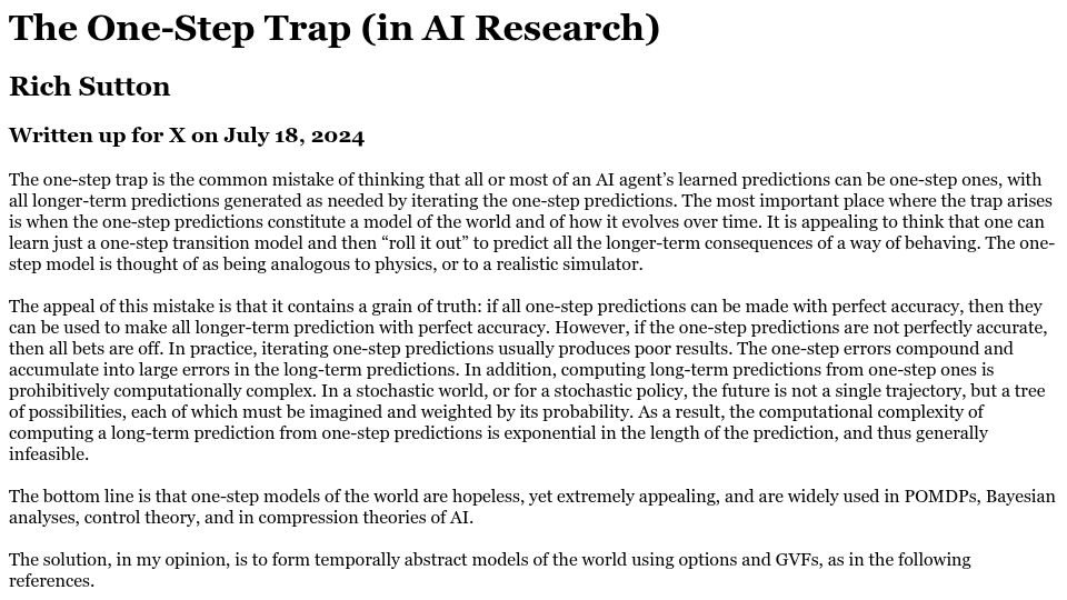 Screenshot of incompleteideas.net: The One-Step Trap (In AI Research)