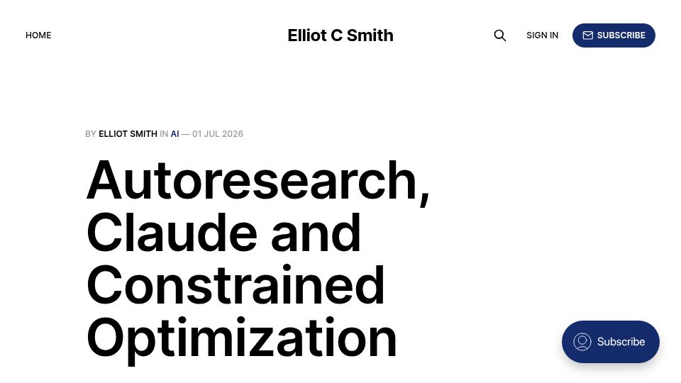 Screenshot of elliotcsmith.com: Autoresearch, Claude and Constrained Optimization