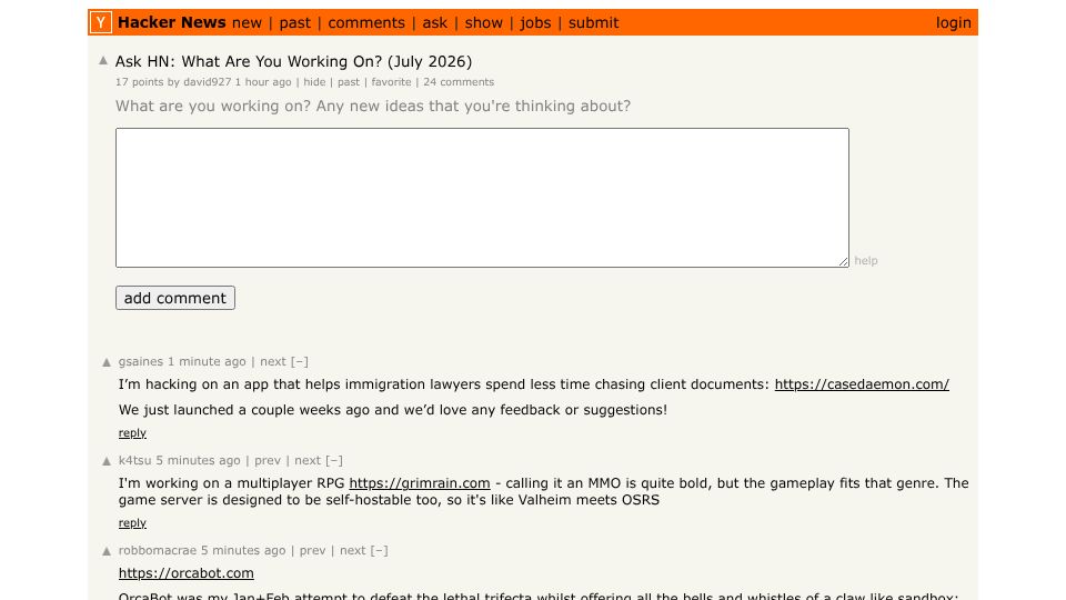 Screenshot of Hacker News post: Ask HN: What Are You Working On? (July 2026)