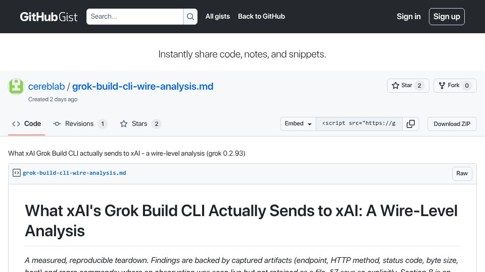Screenshot of gist.github.com: What xAI's Grok build CLI sends to xAI: A wire-level analysis
