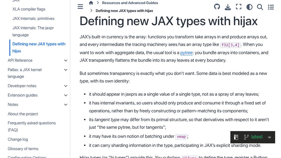 Screenshot of docs.jax.dev: Defining new Jax types with hijax