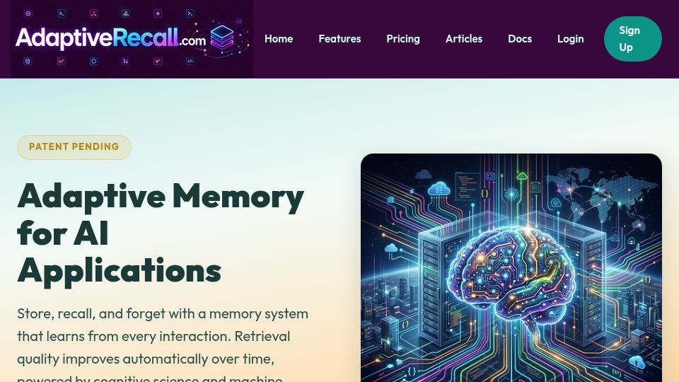 Screenshot of adaptiverecall.com: Show HN: Adaptive Recall, persistent memory for AI assistants over MCP