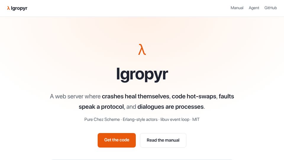 Screenshot of igropyr.com: A Erlang style pure Scheme Webserver and further