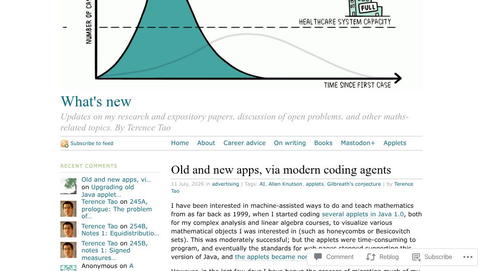 Screenshot of terrytao.wordpress.com: Old and new apps, via modern coding agents