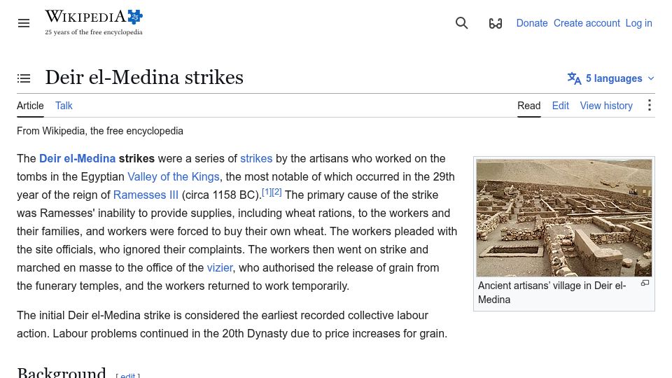 Screenshot of en.wikipedia.org: Deir El-Medina Strikes