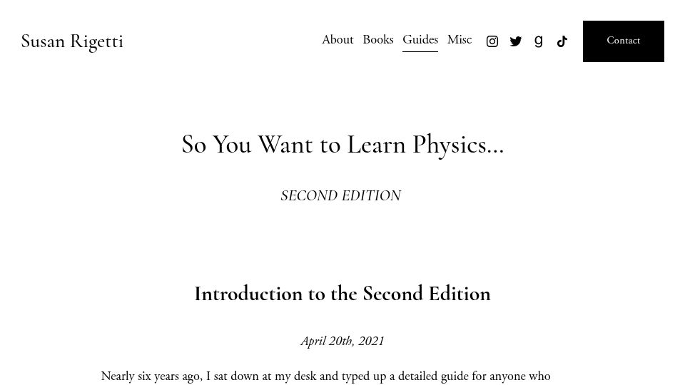 Screenshot of susanrigetti.com: So you want to learn physics (second edition, 2021)