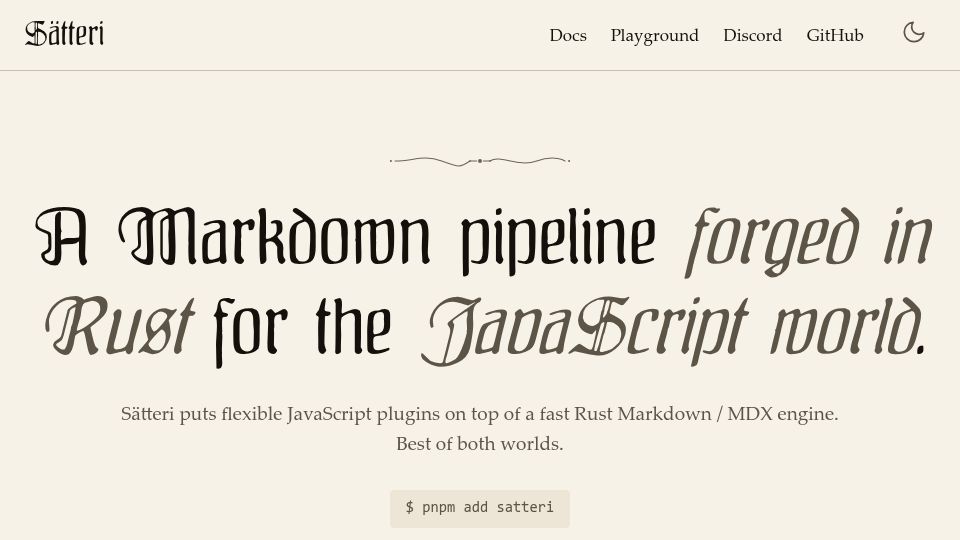 Screenshot of satteri.bruits.org: Satteri: A Markdown pipeline forged in Rust for the JavaScript world