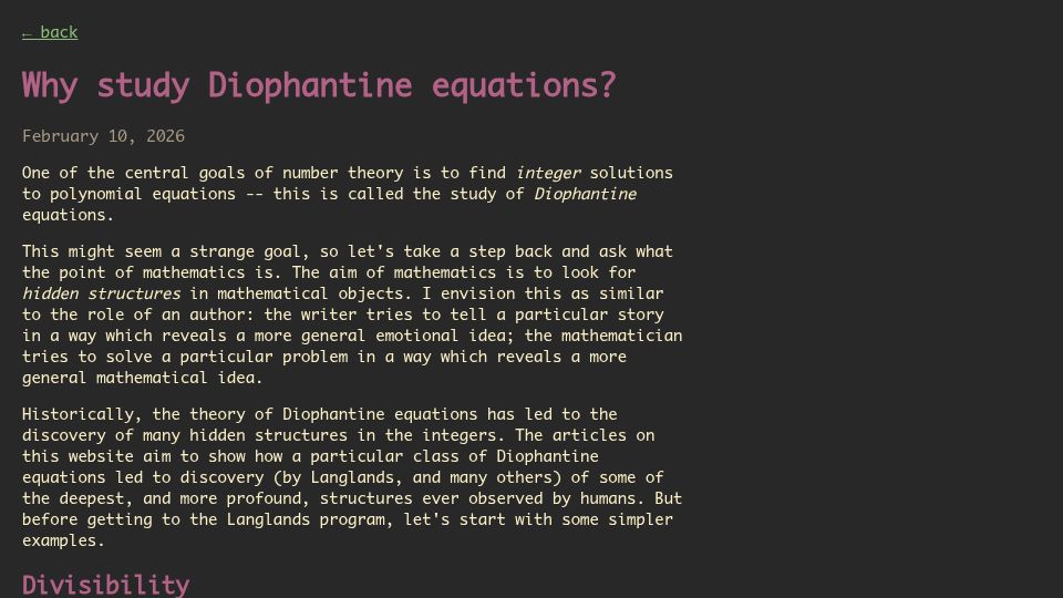 Screenshot of hidden-phenomena.com: Why study Diophantine equations?