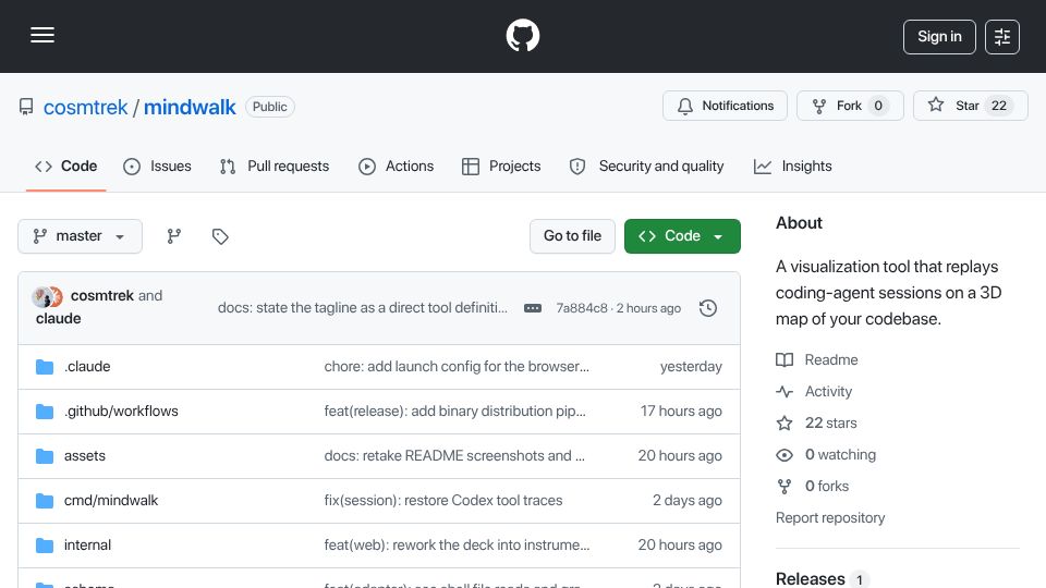 Screenshot of github.com: Show HN: Mindwalk – Replay coding-agent sessions on a 3D map of your codebase