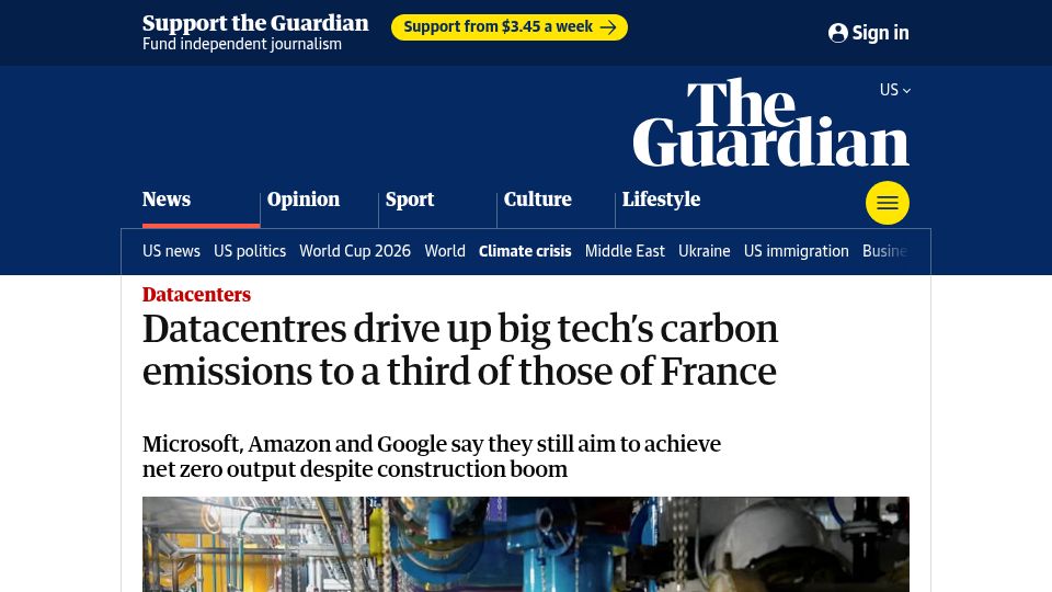 Screenshot of theguardian.com: Datacentres drive up big tech's carbon emissions to a third of those of France
