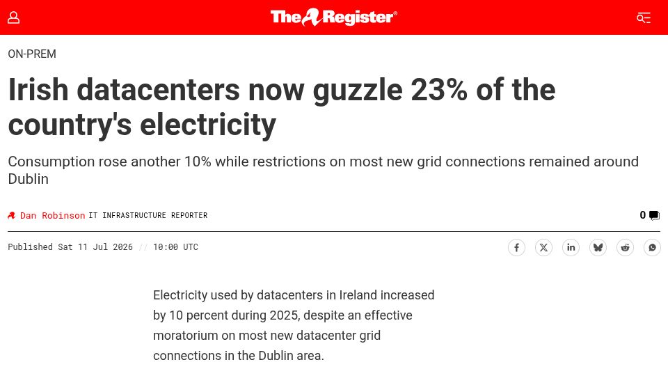 Screenshot of theregister.com: Irish datacenters now guzzle 23% of the country's electricity