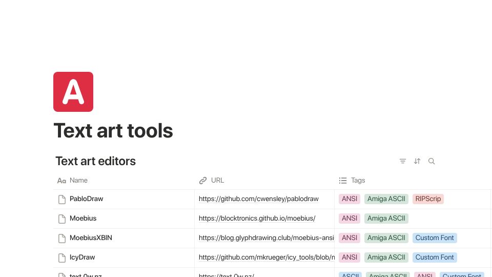 Screenshot of hlnet.notion.site: Text art tools
