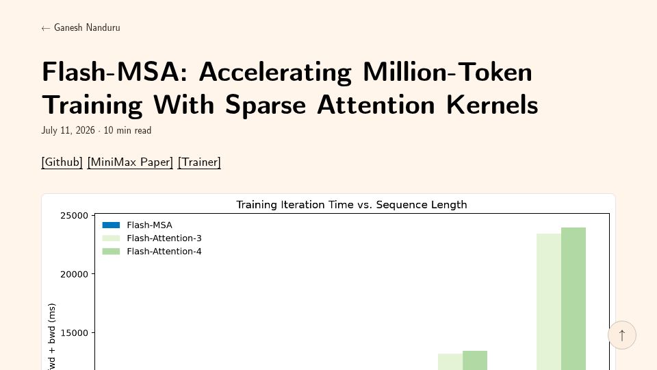 Screenshot of nanduruganesh.github.io: Flash-MSA: Accelerating Million-Token Training with Sparse Attention Kernels