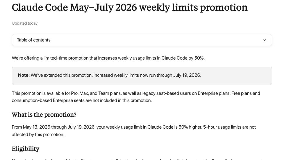 Screenshot of support.claude.com: Claude Code May–July 2026 weekly limits promotion
