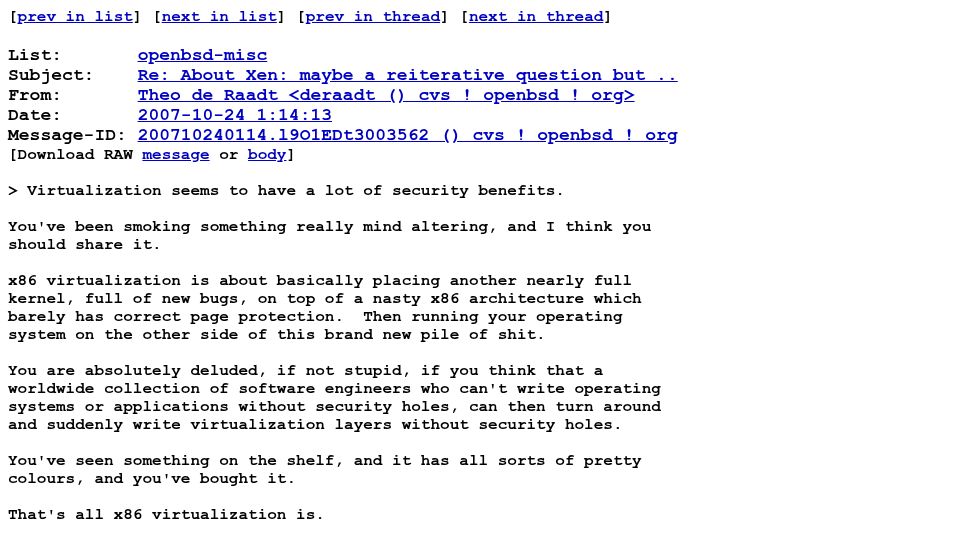 Screenshot of marc.info: Theo de Raadt: "You've been smoking something mind altering" (2007)