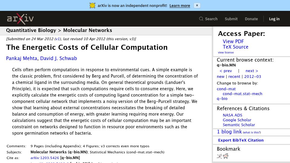 Screenshot of arxiv.org: The Energetic Costs of Cellular Computation (2012)