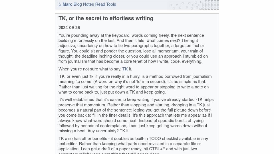 Screenshot of atthis.link: TK, or the secret to effortless writing (2024)