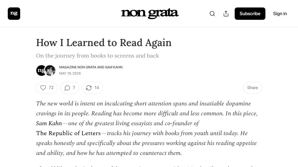 Screenshot of substack.magazinenongrata.com: I Learned to Read Again