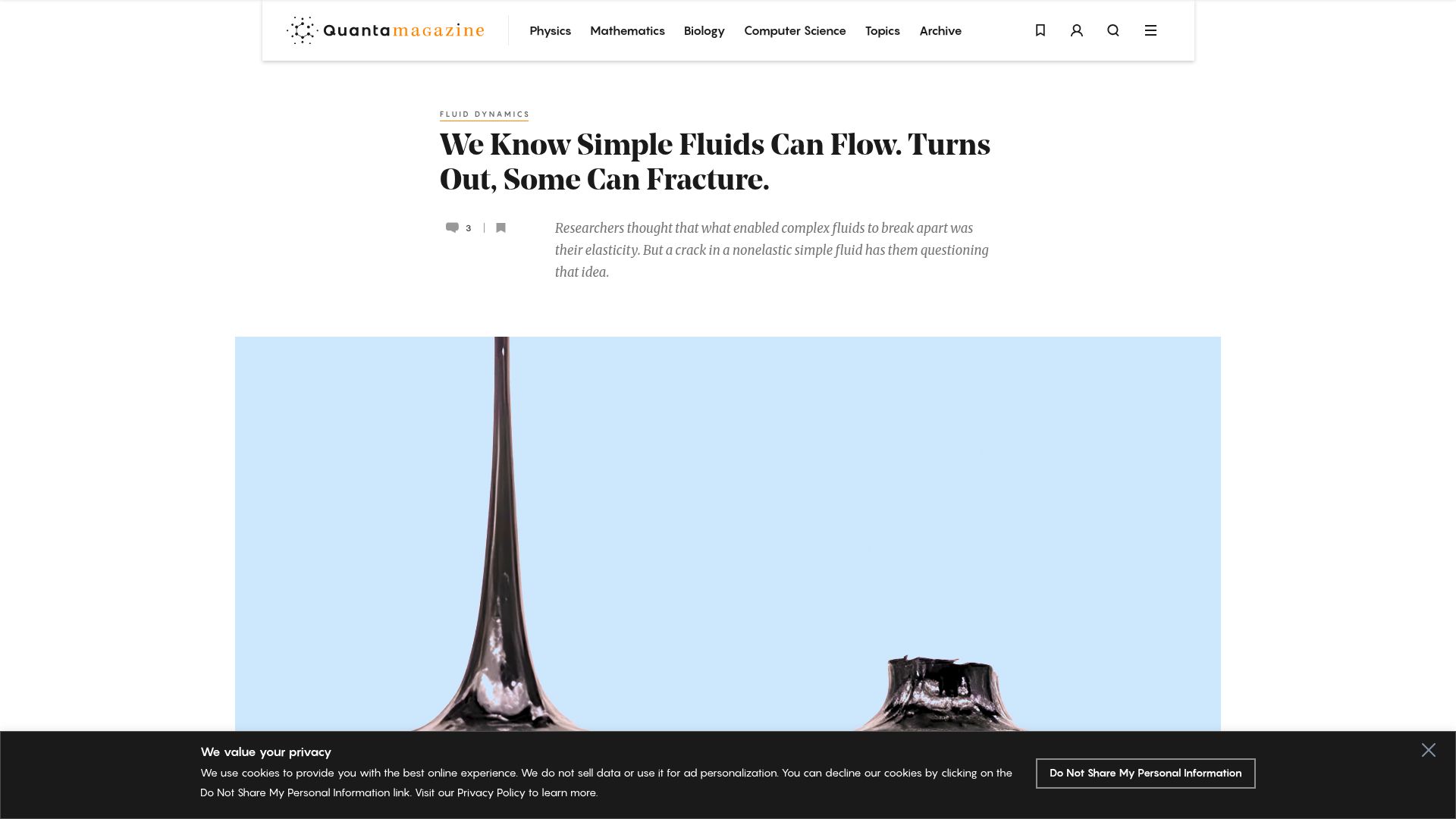 Screenshot of quantamagazine.org: Unexpected Solidlike Fracture in Simple Liquids