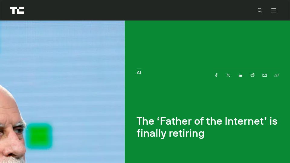 Screenshot of techcrunch.com: Vint Cerf, “father of the Internet”, is retiring